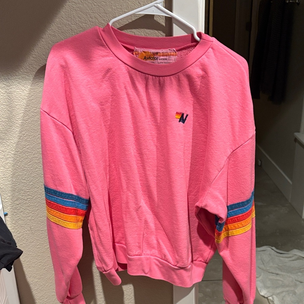 Aviator Nation Pink Sweater with Rainbow Stripes